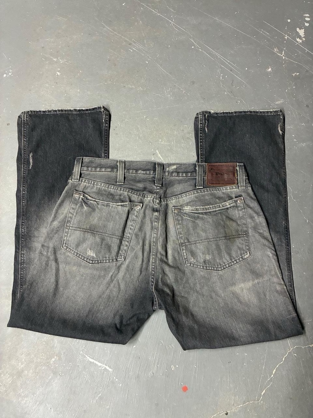 Y2K Polo Ralph Lauren Grey Mens Faded Bootcut Jeans 36x30 Baggy Distress R66SD01